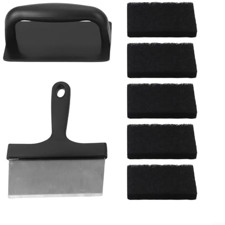 Edelstahl-Grill-Reinigungsset für flache Oberflächen mit Schaber und Bürsten-Set, kompatibel mit Gusseisen, Emaille und Edelstahl-Grillplatten