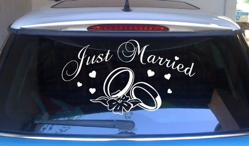 cartattoo4you® AH-00432 | JUST Married (No.2) | Autoaufkleber Aufkleber,Farbe weiß, in 24 Farben erhältlich, 57 x 32 cm, Hochzeit Heirat Waschstrassenfest
