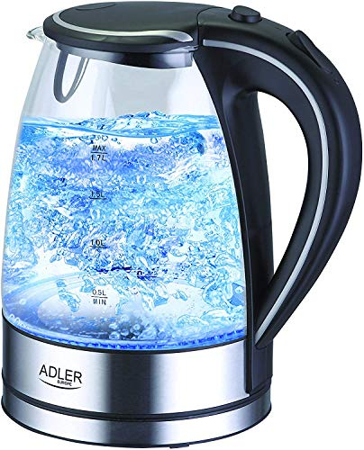 Adler AD1225 bollitore in vetro e acciaio inox con LED blu integrato | 1,7 litri di capacità | Potente 2000 Watt | Té automatica | Bollitore elettrico design | con arresto automatico