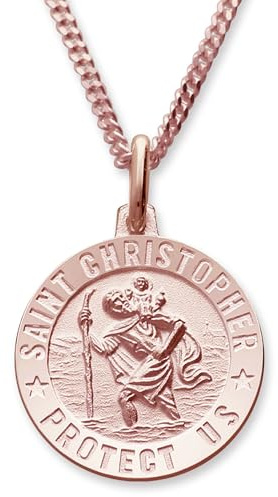 9ct ROSE Gold Plated on 925 Sterling Silver 18mm 3D Round St Christopher Medal Pendant With Optional 1.4mm Wide Diamond Cut Curb Chain In Gift Box (available in 16 to 24)