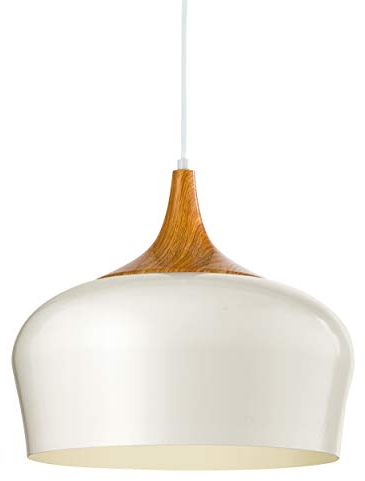 EGLO Pendelleuchte Obregon, 1 flammige Hängelampe modern, Hängeleuchte aus Metall in Creme und Holz in Eiche, Esstischlampe, Wohnzimmerlampe hängend mit E27 Fassung