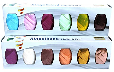 Idena 436039 - Zierband Eiknäul, 6 Rollen, Größe 20 m x 5 mm, farblich sortiert, Geschenkband, Ringelband