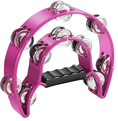 Flexzion Tamburin, Handtrommel - 25cm Schellenkranz mit Handgriff, Musik Schlaginstrument, zweireihig Schellenring in Halbmond-Form Rahmen, mit 20 Paar Metall Schellen, für KTV & Party, Rosa