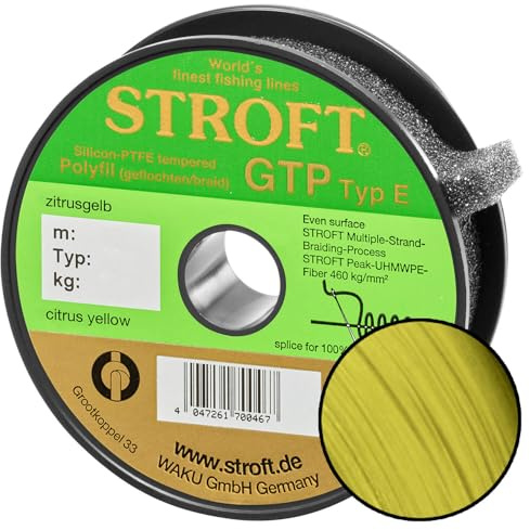 Stroft Schnur GTP Typ E zitrus gelb 150m geflochtene Angelschnur - 8-Fach PE Braid, rund & leise, extrem Abriebfest, hohe Tragkraft, ohne Coating, für Spinnfischen auf Hecht, Zander & Barsch