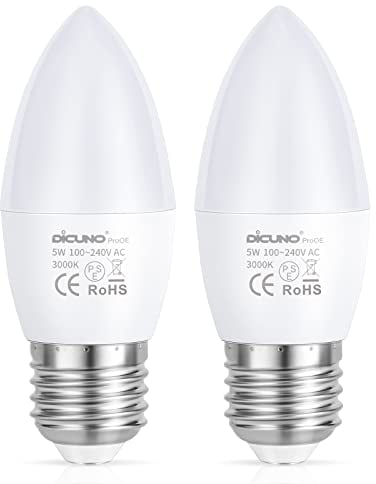 DiCUNO E27 LED Lampe 5W, Warmweiß 3000K, ersetzt 40W Halogen, 330lm, CRI 98 Vollspektrum, kein blaues Licht, C37 Kerzenform, Abstrahlwinkel 270°, ProOE Serie, Flimmerfrei, nicht dimmbar, 2er Pack