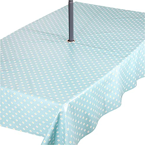 Protector de mantel de jardín de PVC fácil de limpiar con agujero de acero inoxidable a prueba de óxido para sombrilla de jardín, diseño de margaritas azules