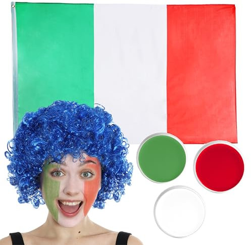 I LOVE FANCY DRESS LTD Italienisches Fußball-Fan-Set – blaue Afro-Perücke, Italien-Flagge und italienische Farben – Erwachsenengröße