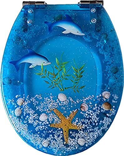 ROUOHUD Transparent Toilet Seat, Elongated Resin Toilet Seat Cover Ocean style with Quiet Close Chrome Hinges,for U/V/O Type(Color:B)