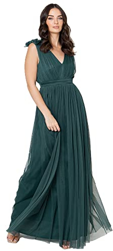 Maya Deluxe Women's Ladies Maxi Dress with Ruffle V Neck Sleeveless High Empire Waist Long for Prom Guest Wedding Bridesmaid, Emerald Green, 10