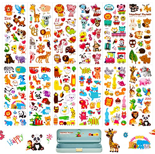 COLOFALLA 12 Blätter 3D Sticker für Kinder Geschwollen Aufkleber Belohnungssticker Niedliche Verschiedene Mustern für Junge Mädchen Kindergeburtstag Themenparty Party Mitgebsel (Tiere)