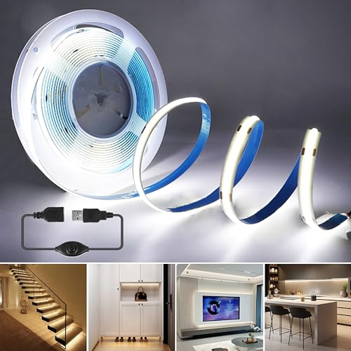 RYE USB Power 1m 5V COB LED Strip Light Kit,Cool White 6000K,320LEDs/M,CRI85+,Flexible Rope/Tape Light for TV Monitor Backlight,Mirror,Cabinet,Wardrobe,Cupboard DIY Lighting,with Dimmer.