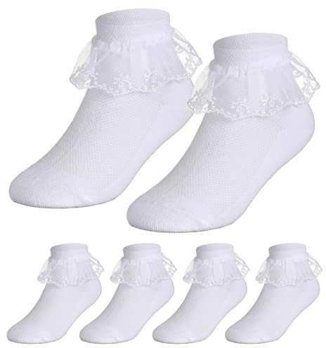 Geyoga 3 Paar Mädchen Rüschen Spitze Socken Kleinkind Weiße Lace Socken Schule Socken Knöchel Ballett Socken (Klassisch, 5-7 Jahre)