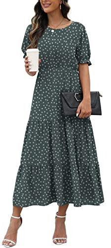 GRECERELLE Womens Summer Midi Dress Floral Print Boho Dress Ruffle Puff Sleeve High Waist A-Line Casual Boho Cocktail Holiday Beach Long Dress for Ladies (FP Tulip Blue Grey, L)