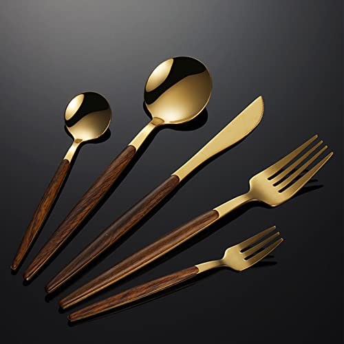 30 Pièces Couverts de Table, Ménagère pour 6 Personnes, Manche Imitation Bois Anti-brûlure, Couteau Fourchette Cuillère Ensemble de Dîner de Cuisine, Lave-Vaisselle