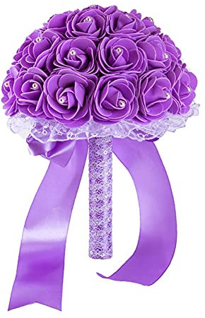 Blumenstrauß Romantische Hochzeit Künstliche Hochzeitsstrauß Koreanischen Stil künstlicher Rosenstrauß Bouquet Deko Brautjungfer Blumenstrauß Brautstrauß mit Strass für Hochzeit,Fotoshooting,Lila