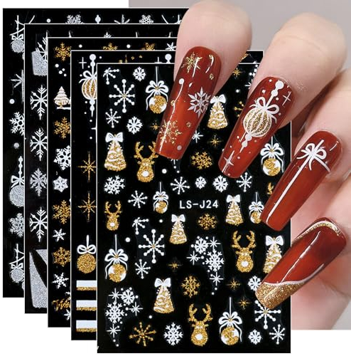 8 Blatt Nagelsticker Weihnachten Nagelaufkleber Selbstklebend Goldelch-Rotwild-Linie Schneeflocke Nail Art Sticker Dekoration Nageldesign Zubehör