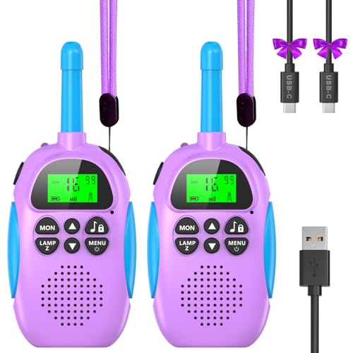 Ushining Talkie Walkie Enfants Rechargeable, Fonction VOX Lampe de Poche LCD Rétro-éclairée, Talkie Walkie Longue Portée pour Aventures Extérieures Camping, Pourpre
