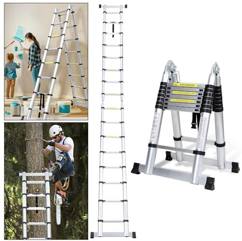 Cecaylie 5M Teleskopleiter Alu-Teleskopleiter Ausziehleiter 2,5M+2,5M Faltbar Stehleiter Klappleiter Teleskop Ausziehleiter JZ250D Multifunktionsleiter max 150 kg Belastbarkeit, Silber