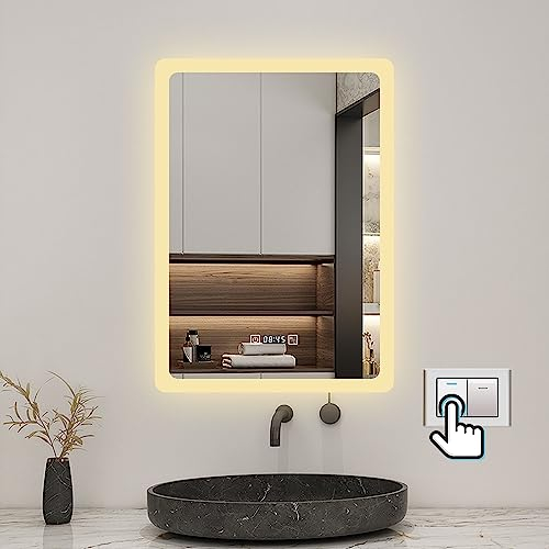 Biubiubath 50x70cm LED Badspiegel mit Uhr,Touch,Beschlagfrei,Badspiegel mit Beleuchtung,Badezimmerspiegel mit 3 Lichtfarbe 3000-6000K Dimmbar,IP44