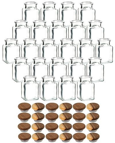 gouveo 24er Set Gewürzgläser 150 ml eckig mit Holzdeckel Akazie - Kleine Korkengläser mit Holz-Korken - Leere Vorratsgläser für Kräuter, Gewürze - Kleine Glasdose für Büro