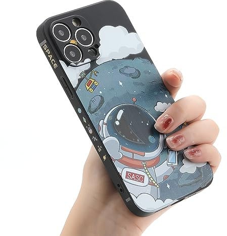 Yonds Queen for iPhone 15 Pro Max Cute Case, Cool Cartoon Astronaut Planet Moon Space Design Stylish TPU Bumper Shockproof Anti-Slip Protector Fashion Case (Black Moon, iPhone 15 Pro Max)
