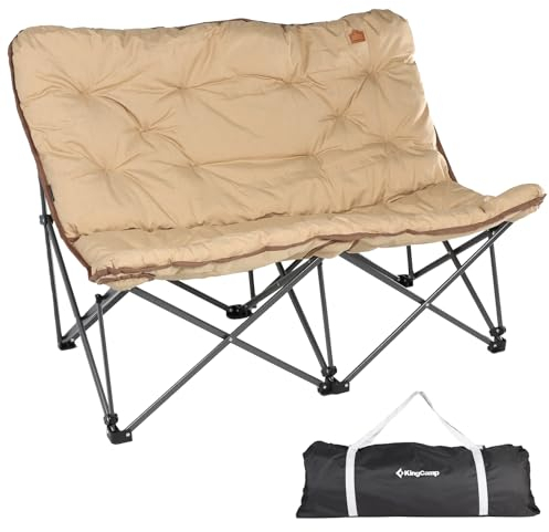 KingCamp Doppelter Campingstuhl faltbar leicht 2 Sitzer Camping Stuhl hochlehner Gartenstuhl bequem Gepolster campingstuhl XXL für Camping, Garten, Picknick, Indoor&Outdoor, Khaki