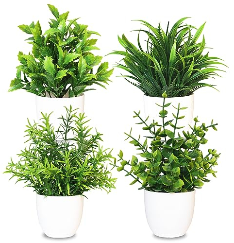 MEMOFYND Lot de 4 plantes artificielles en plastique - Petites plantes vertes en pot pour la maison, la chambre, la cuisine, le bureau