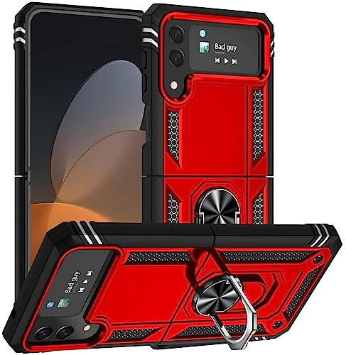 Verco Hybrid Armor Shield Case für Samsung Galaxy Z Flip 4 Hülle, extrem robust mit Magnet Fingerring Halter Handyhülle für Samsung Z Flip 4 5G Panzerhülle, Rot