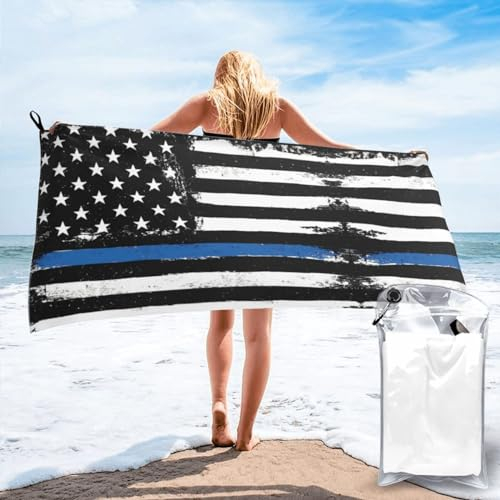 HAHAFU Blaue dünne Linie USA Flagge schnell trocknend personalisiertes Badetuch, bedruckt, weich, flauschig, saugfähig, Strandtuch Handtuch