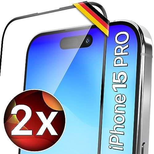 UTECTION Neue Perfekte Passform > 2X Full Screen Schutzglas für iPhone 15 PRO | Deutscher Anbieter & Support | Kinderleichte Anbringung, ultimative Glashärte für Langzeitschutz, 2 Stück