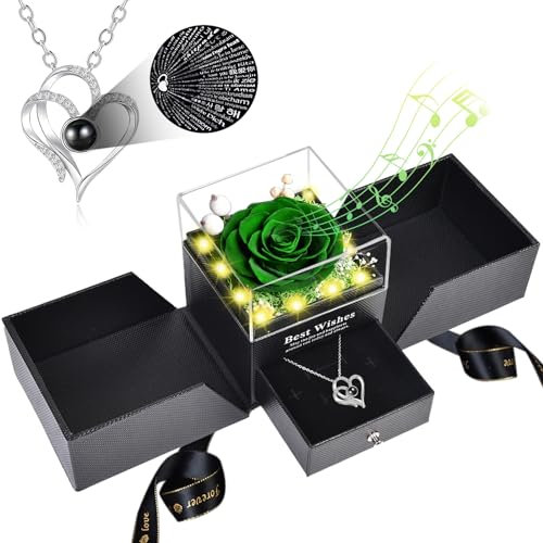 Konservierte echte Rose mit I Love You-Herz-Halskette, 100 Sprachen mit Musik und Lichtern, romantisches Geschenk für Mutter, Freundin, Frauen, Ehefrau, Valentinstag, Muttertag, Geburtstag,