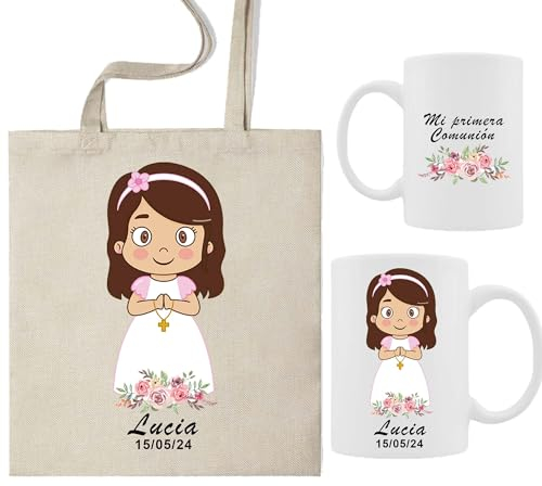 ELISA BOTELLA Pack taza comunion + bolsa de tela, kit regalo comunion bolsa de tela con taza mi primera comunion (Pack PERSONALIZADO)