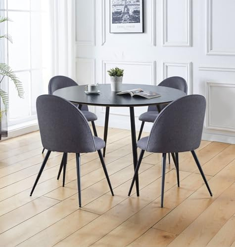 Hallowood Furniture Cullompton Black Round Dining Table and Chairs Set 4 | 120cm Kitchen Table with Curved-Back Dark Grey Fabric Upholstered Chairs, Modern Dinner Sets for 4 People for Home & Café