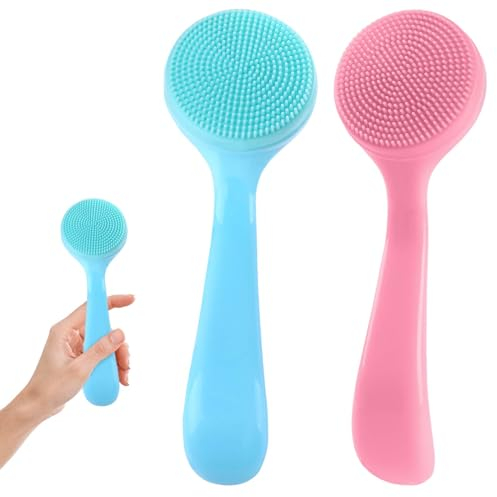 COMNICO Paquete de 2 cepillos de limpieza facial de silicona suave manual para masajear la piel, almohadillas de limpieza profunda para exfoliar residuos de maquillaje (azul y rosa)