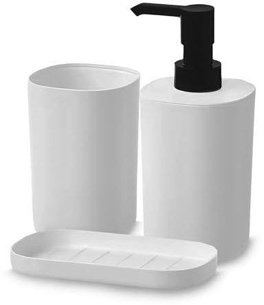 home stuff 3 Piece Bathroom Accessories Set - Soap Dispenser, Dish and Toothbrush Holder, aesthetic appeal, feature sleek modern designs, mini bathroom makeover - White