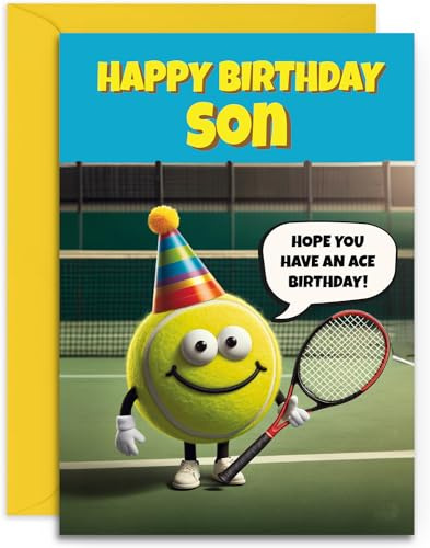 Son Tennis Geburtstagskarte – lustiges Tennis-Ass-Design – A5-Größe mit gelbem Umschlag Entworfen und gedruckt in Großbritannien