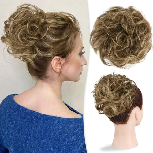 RUWISS Large Messy Bun Hair Piece 100% Human Hair Layered Wavy Curly Hair Buns Hair Piece for Women Thick Updo Hairpiece for Daily Wear Real Hair Ponytail Extension (Brown with Warm Blonde Highlights)