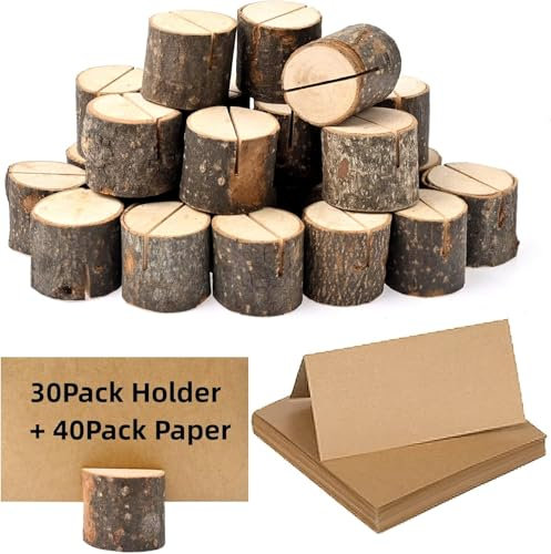 MALLOOM 70 Stands en Bois Porte Nom Table Bois Naturel Support Photo Carte Nom Place Porte Menu Bois Porte Carte Table pour Mariages, Noël, Baptême, Anniversaires (30 Supports + 40 Feuilles)