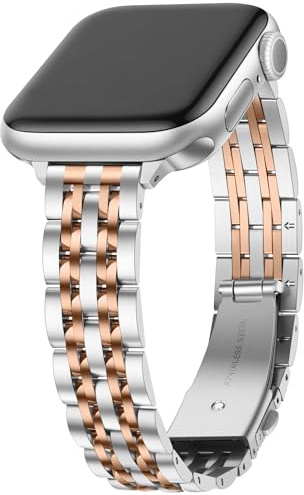 Anlinser Metal Straps Compatible with Apple Watch Strap for Women 49/46/45/44/42/41/40/38mm, Slim Band Designed for iWatch Series 11 10 9 8 7 6 5 4-1 SE (42/41/40/38, Silver Rose Gold)