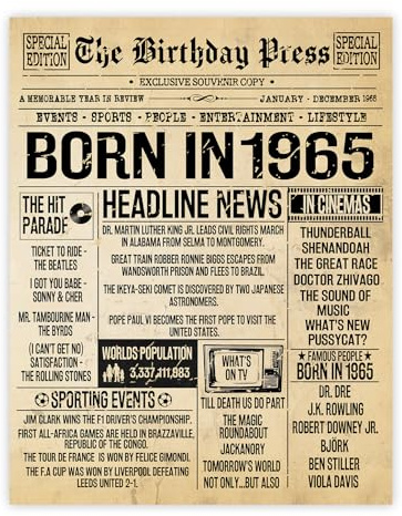 Stuff4 Poster zum 60. Geburtstag, ungerahmt – Born in 1965 Vintage Zeitung – Happy 60th Birthday Geschenke für Frauen und Männer, Retro Back in 1965, 20,3 x 25,4 cm, sechzig sechzigste Dekoration,