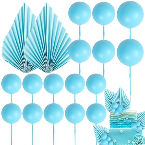 Xsstarmi 30 Pack Light Blue Paper Palm Fan Cake Topper Blue Balls Cake Pick for Baby Shower Wedding Bridal Shower Birthday Anniversary Party DIY Cake Decorations Supplies Light Blue