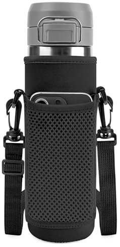 Linkidea Water Bottle Carrier with Strap Compatible with Stanley Quick Flip GO 24/36oz, IceFlow Fast Flow 24/36oz, Waterbottle Sling Bag Holder, Shoulder Strap with Phone Mesh Pocket, Black