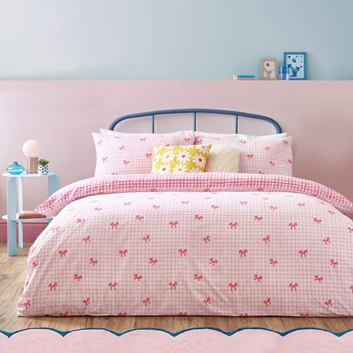 furn. Heya Home Gingham Bows Duvet Cover Set – Soft & Durable Square Check Playful Bows Bedding (Pink – Single – 137x200cm)