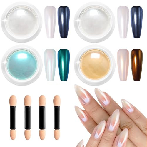 4 Schachteln Weiße Perle Chrom Nagelpuder - BISHENGYF Glazed Donut Cromepulver NäGel Transparent Aurora Ice Shimmer Chrome Nail Powder für Nägel DIY-Salon