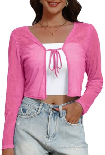 PrinStory Shrugs For Women Casual Lightweight Tie Front Shrugs Long Sleeve Summer Cardigans Soft Crop Top