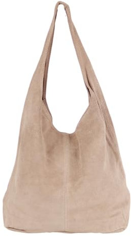 Beuteltasche Damen aus Echtleder – Made in Italy – Shopper & Tragetasche 33x32x16 cm – Handtasche mit viel Stauraum – Leder Schultertasche (Wildleder: Dunkelbeige)
