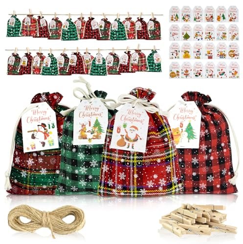 LUMIN TUTU Adventskalender zum Befüllen, 24 traditionelle Jutesäckchen Adventskalender(Rot/Grün) mit 24 Zahlenkarten, Weihnachtskalender Selber Befüllen Kinder, DIY Weihnachtskalender 2025 (13x18 cm)