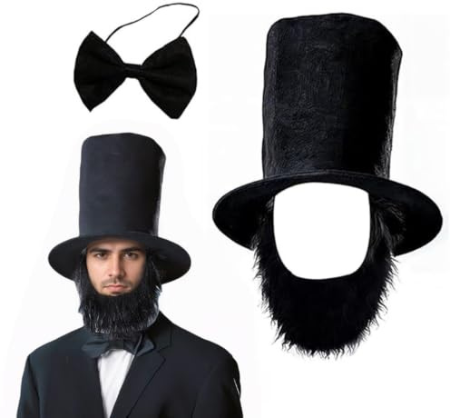 FakeFace Abraham Lincolns Kostüm Set – historisches Personenzubehör mit faltbarem hohen schwarzen Hut Zylinderhut, Bart und verstellbarer Fliege, ideal für Halloween, Karneval und Präsidententag