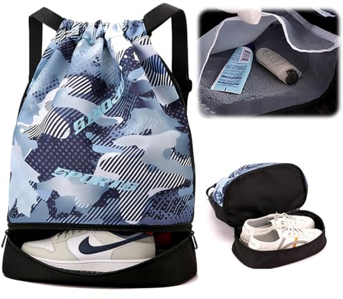 TCETCY Turnbeutel mit separatem Schuhfach, Wasserabweisender Sportbeutel für Damen Herren, Großer Kordelzug Rucksack, Gym Bag für Fitness, Schwimmen, Strand (40x38x18cm)