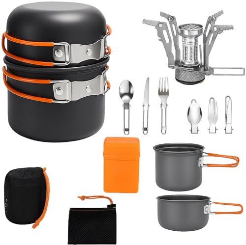 Greenfields Camping Cookware Set with Stove – Lightweight Non-Stick Aluminium Pot, Lid, Foldable Cutlery & Storage Bag for Hiking, Picnics & Outdoor Cooking